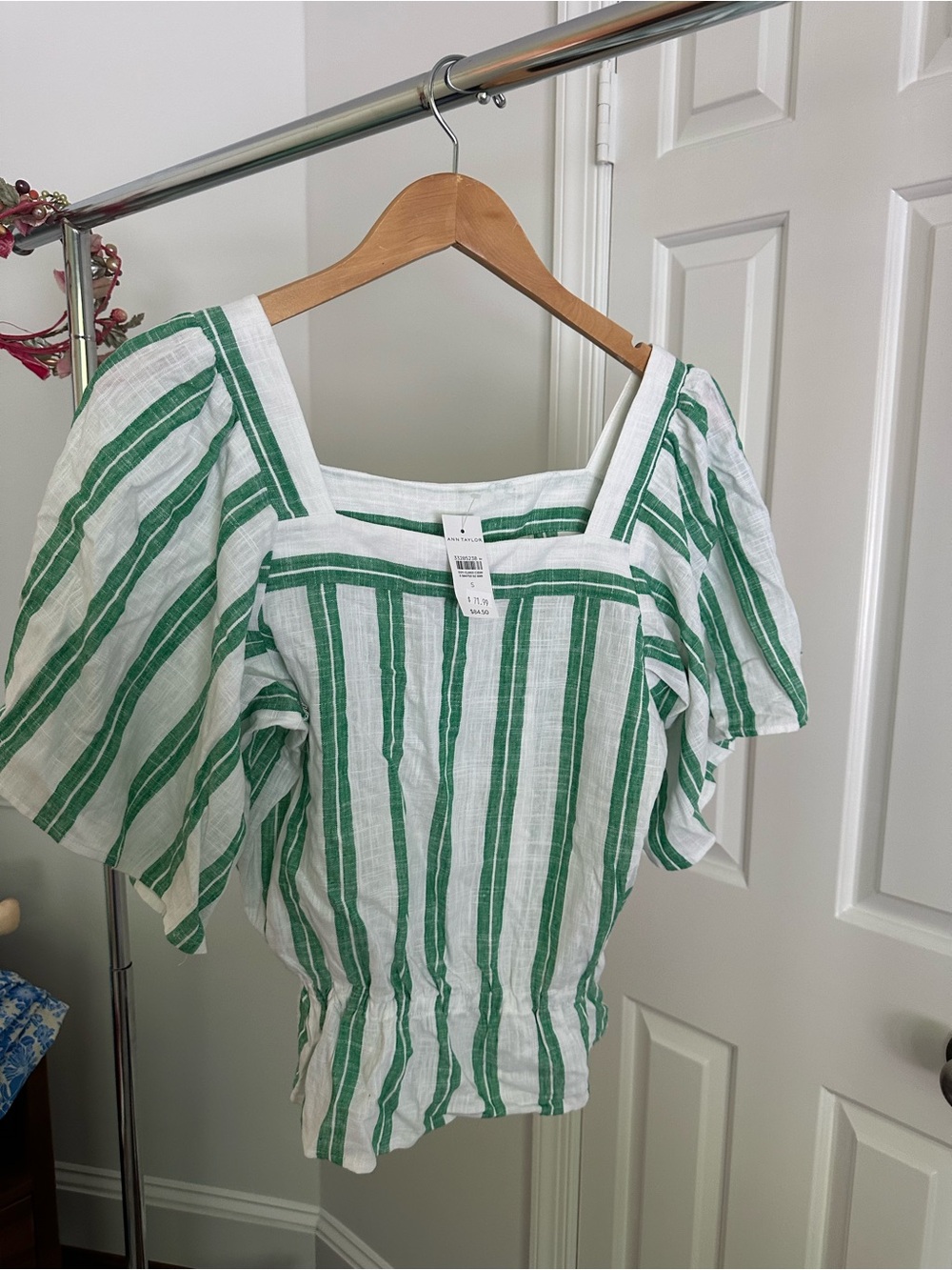 Ann Taylor White & Green Striped Square Neck Blouse